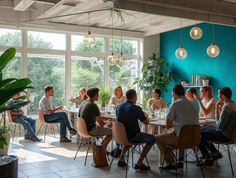 overleg met leraren in een ruimte met harde materialen en veel glas en daardoor is wolvilt toepassen voor de akoestiek belangrijk